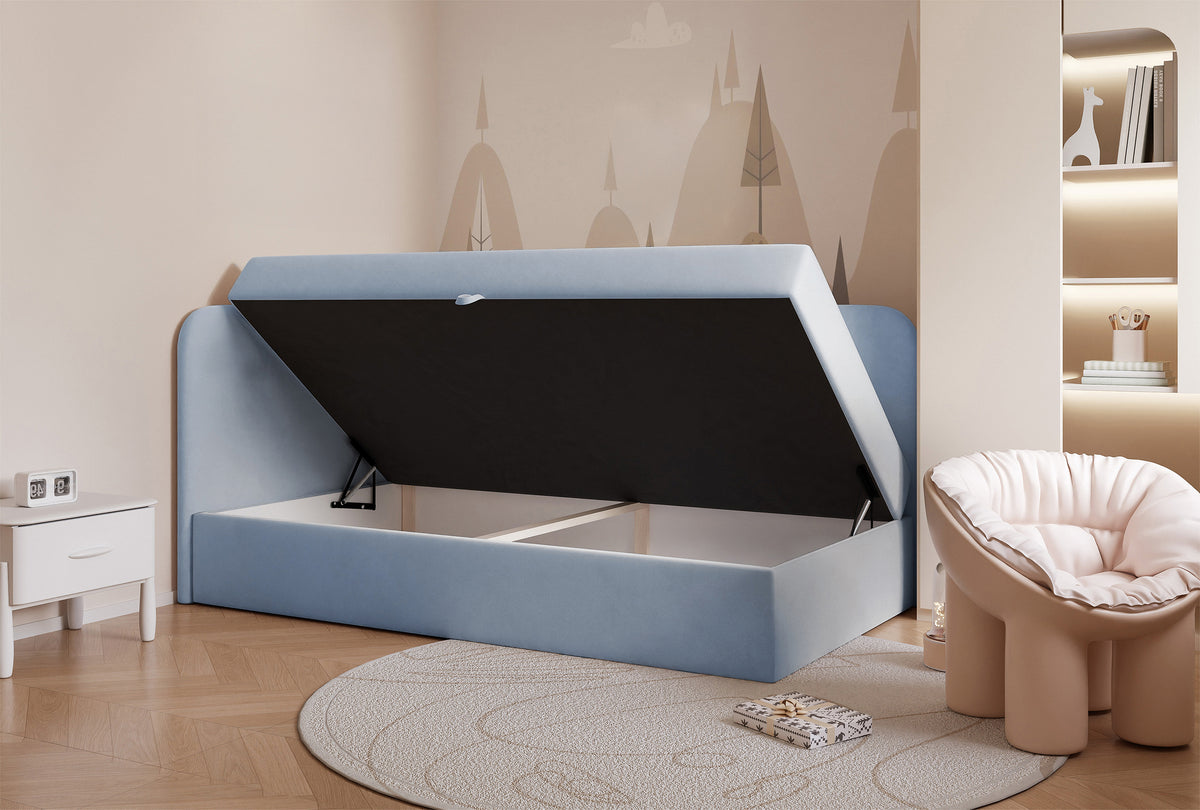 Lit jeune 90x200 cm Nubini gauche avec rangement velours hydrofuge bleu ciel
