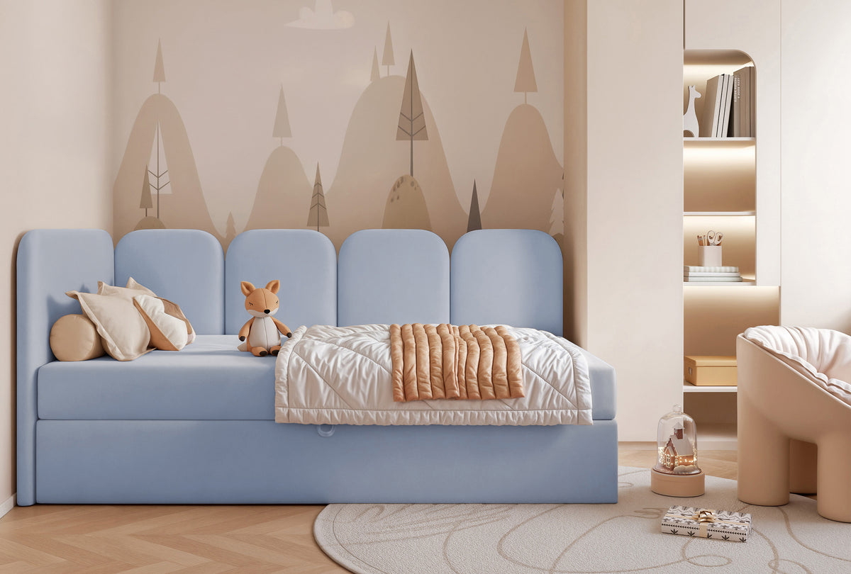 Lit jeune 90x200 cm Nubini gauche avec rangement velours hydrofuge bleu ciel