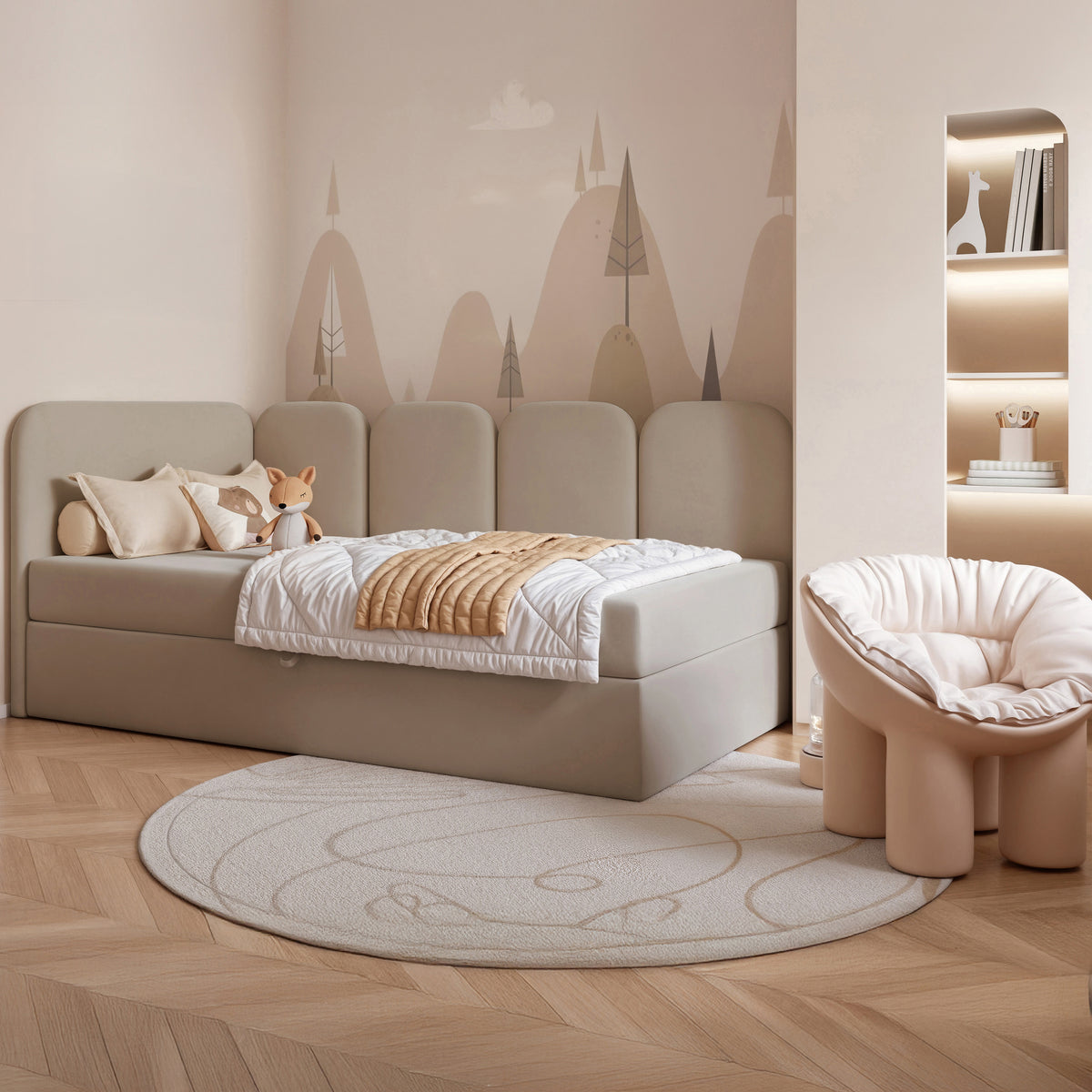 Jugendbett 90x200 cm Nubini linksseitig mit Stauraum, beige, hydrophober Samt