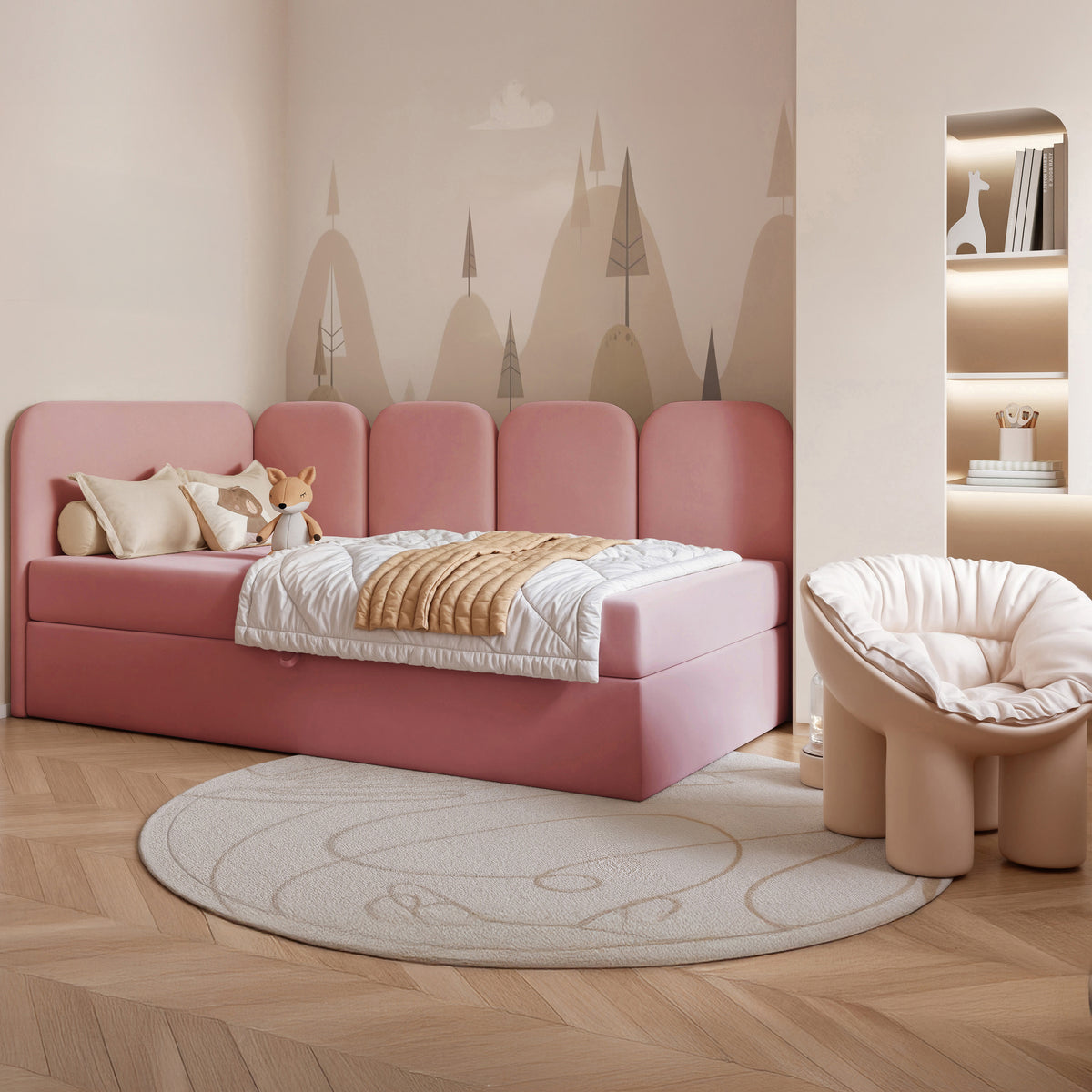 Lit junior 90x200 cm Nubini gauche avec coffre en velours hydrofuge rose