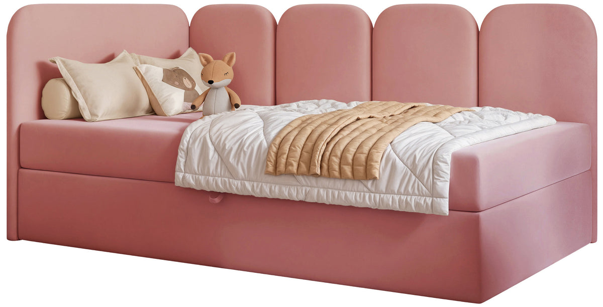 Lit junior 90x200 cm Nubini gauche avec coffre en velours hydrofuge rose