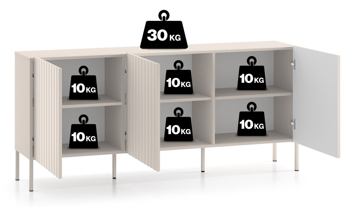 Commode trois portes Derriva avec façades rainurées 170 cm cachemire
