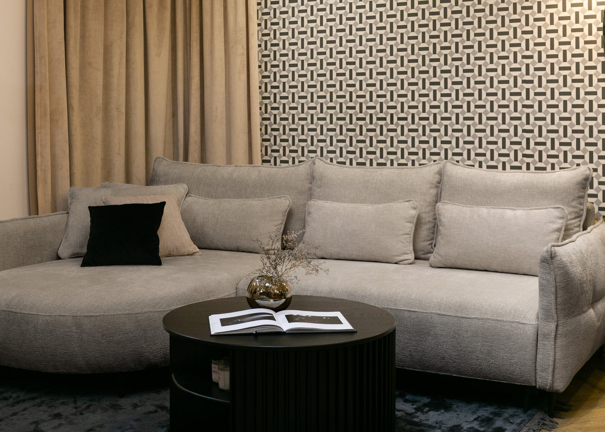Canapé d'angle Oblivio avec fonction couchage, forme en L, rangement, tissu chenille beige clair, côté droit