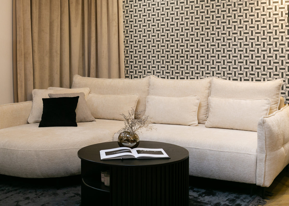 Canapé d'angle Oblivio avec fonction couchage, forme en L, avec coffre de rangement, tissu chenille crème, version gauche