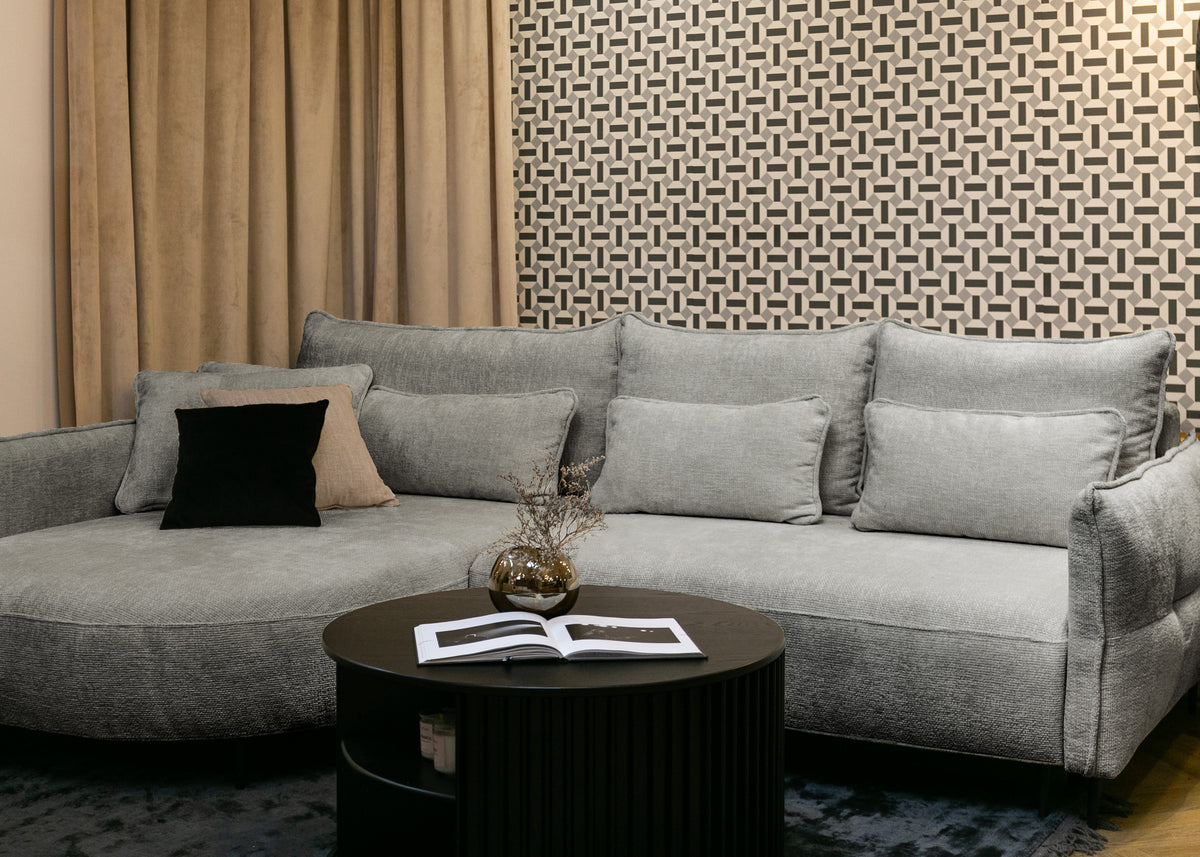 Canapé d'angle Oblivio avec fonction couchage en L, rangement, tissu chenille gris clair, configuration gauche