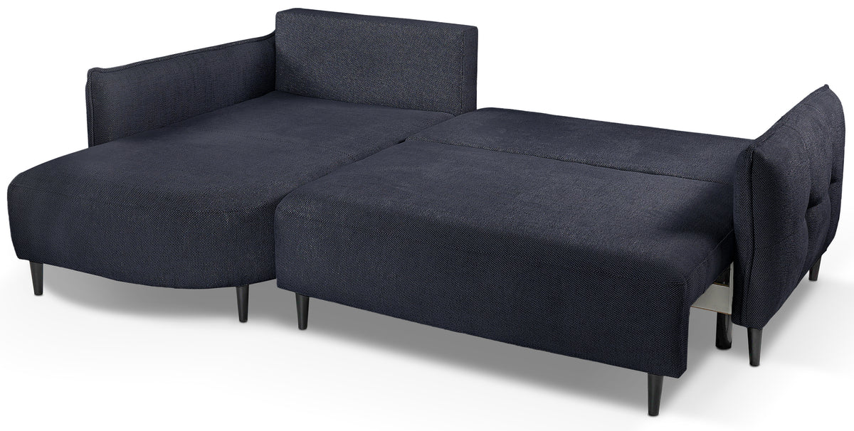 Ecksofa mit Schlaffunktion Oblivio Mini, L-förmig, linksseitig, mit Stauraum, marineblaue Flechtoptik