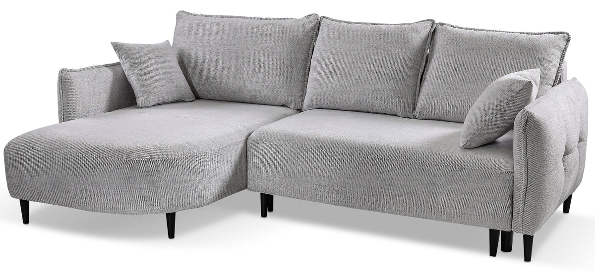 Canapé d'angle avec fonction couchage Oblivio mini en L, côté gauche, avec coffre, gris clair tressé
