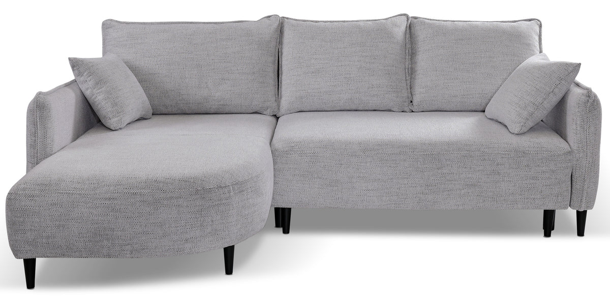 Canapé d'angle avec fonction couchage Oblivio mini en L, côté gauche, avec coffre, gris clair tressé