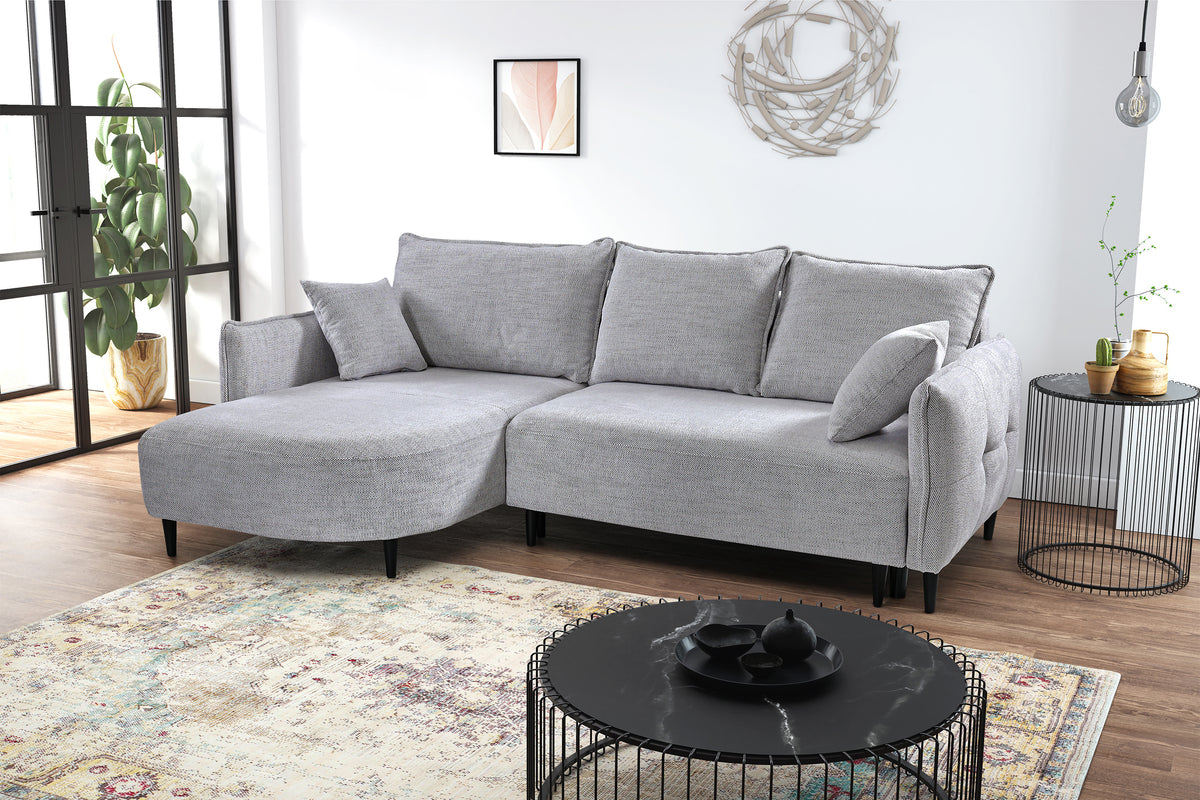 Canapé d'angle avec fonction couchage Oblivio mini en L, côté gauche, avec coffre, gris clair tressé