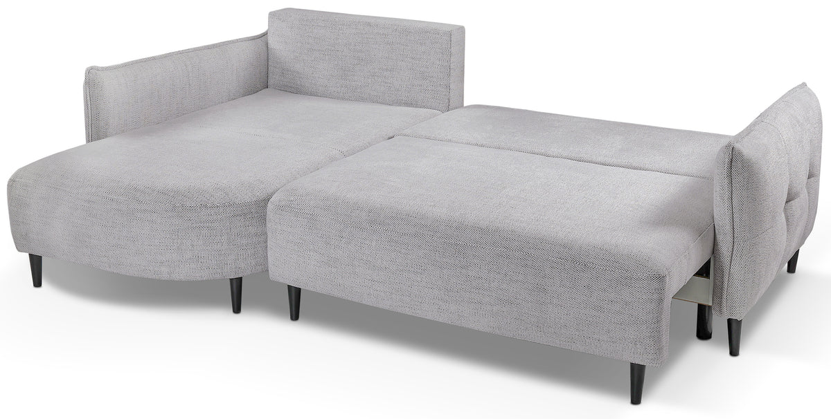 Canapé d'angle avec fonction couchage Oblivio mini en L, côté gauche, avec coffre, gris clair tressé