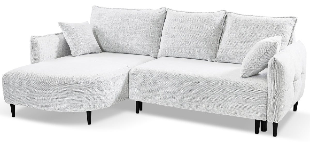 Canapé d'angle avec fonction couchage Oblivio mini en L, côté gauche, avec rangement, blanc en rotin tressé