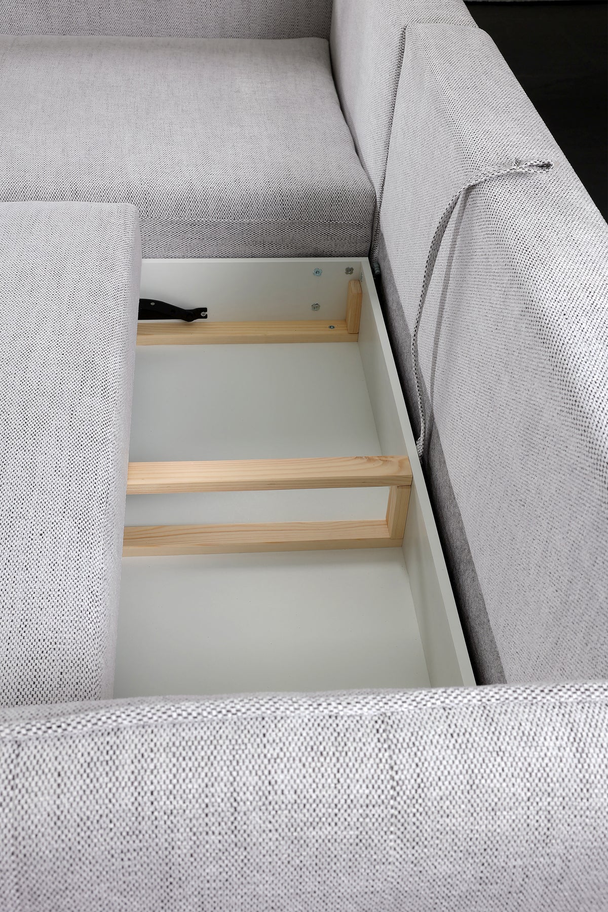Canapé d'angle avec fonction couchage Oblivio mini en L, côté gauche, avec coffre, gris clair tressé