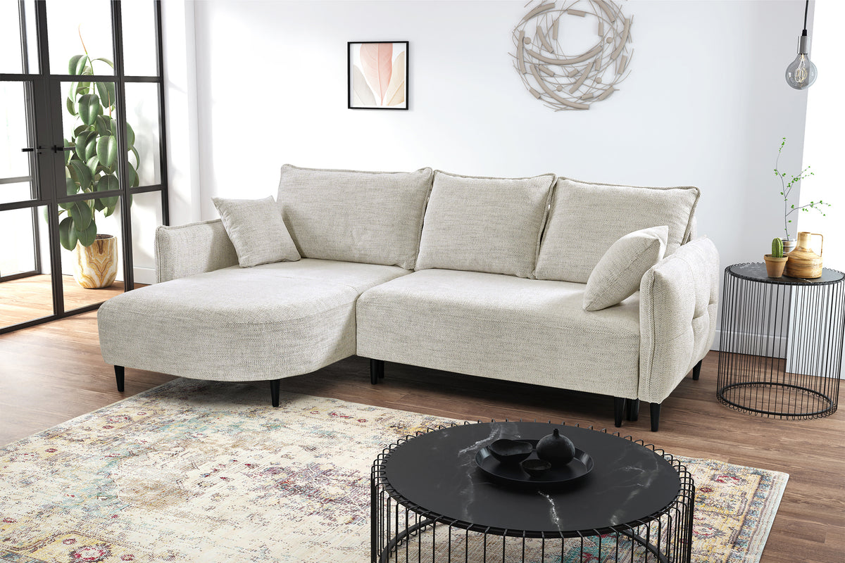 Ecksofa mit Schlaffunktion Oblivio mini, L-förmig, linksseitig, mit Stauraum, beige Geflecht