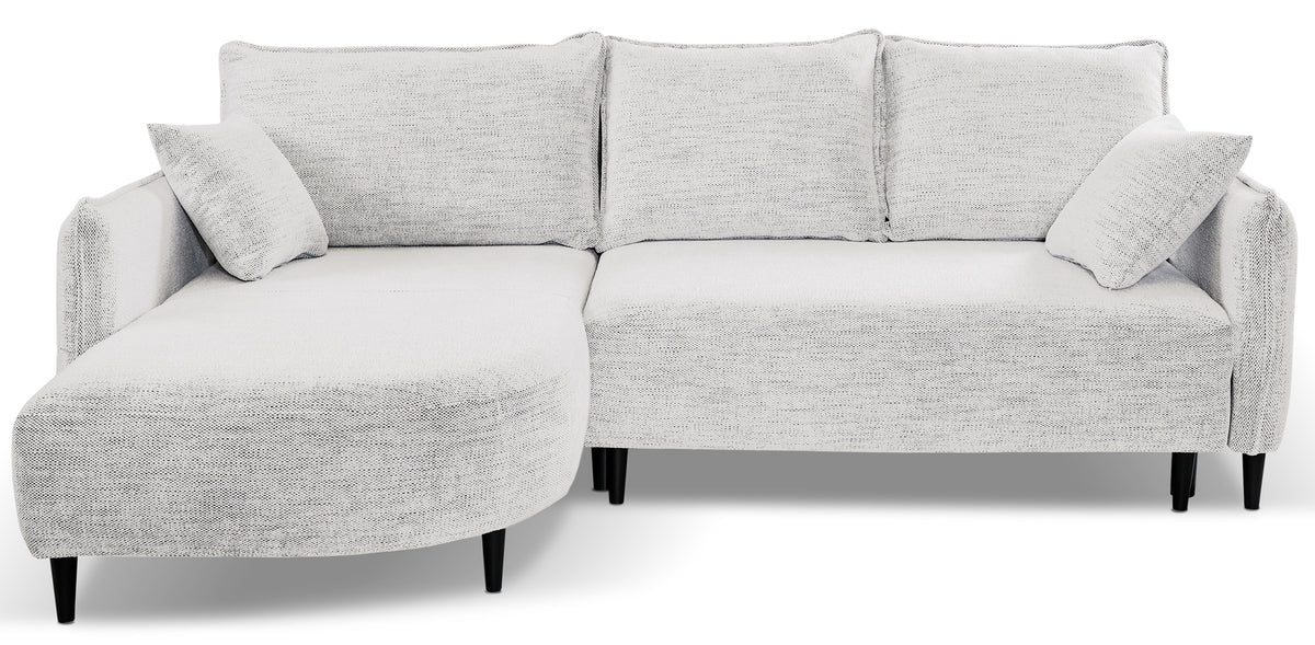 Canapé d'angle avec fonction couchage Oblivio mini en L, côté gauche, avec rangement, blanc en rotin tressé