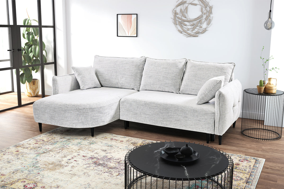 Canapé d'angle avec fonction couchage Oblivio mini en L, côté gauche, avec rangement, blanc en rotin tressé