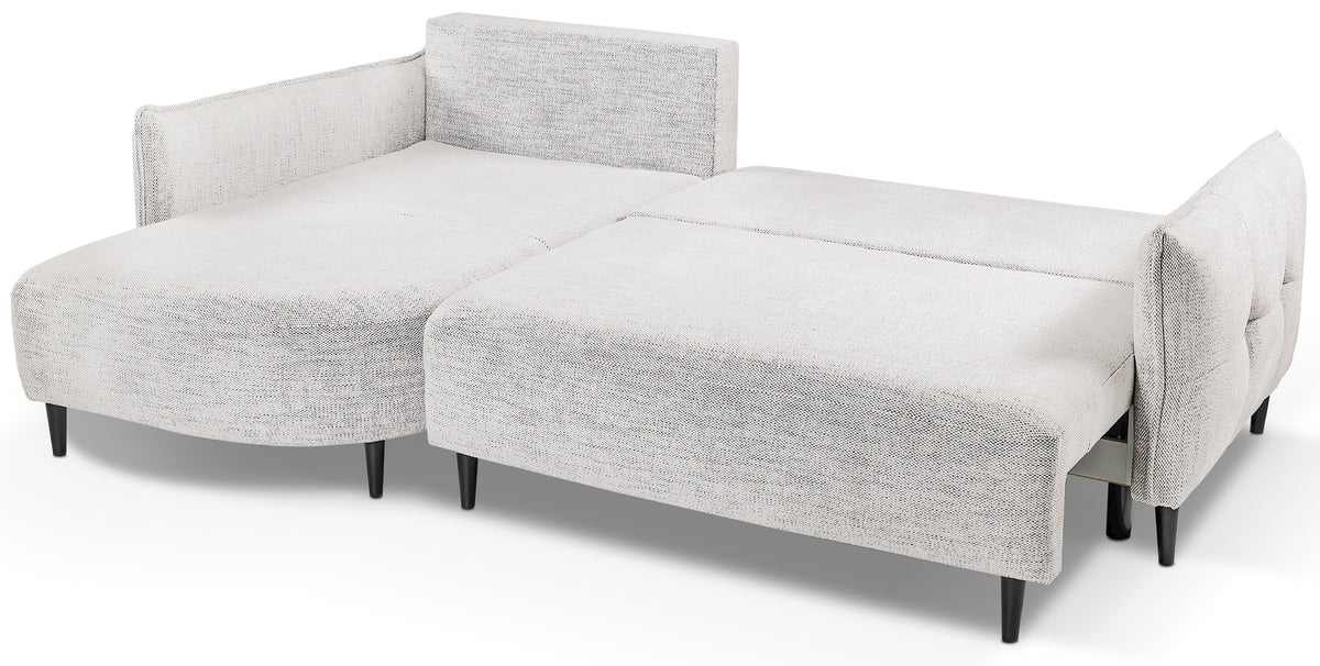 Canapé d'angle avec fonction couchage Oblivio mini en L, côté gauche, avec rangement, blanc en rotin tressé
