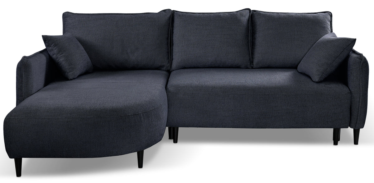 Ecksofa mit Schlaffunktion Oblivio Mini, L-förmig, linksseitig, mit Stauraum, marineblaue Flechtoptik