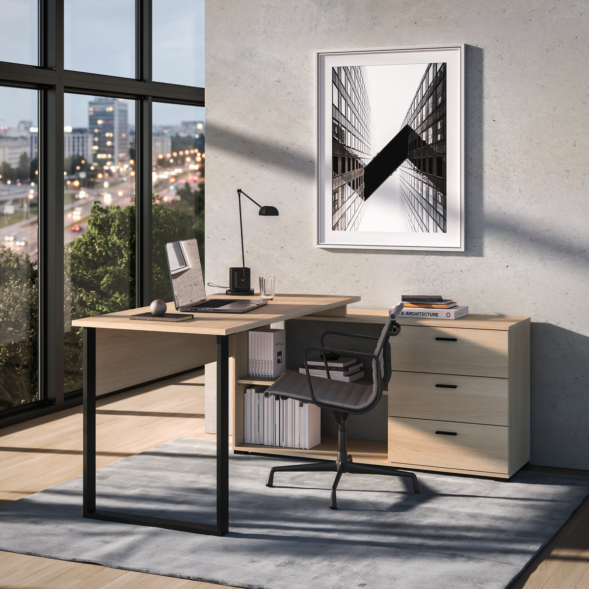 Bureau d'angle avec armoire Odelis et trois tiroirs 168x138 cm chêne Lindberg
