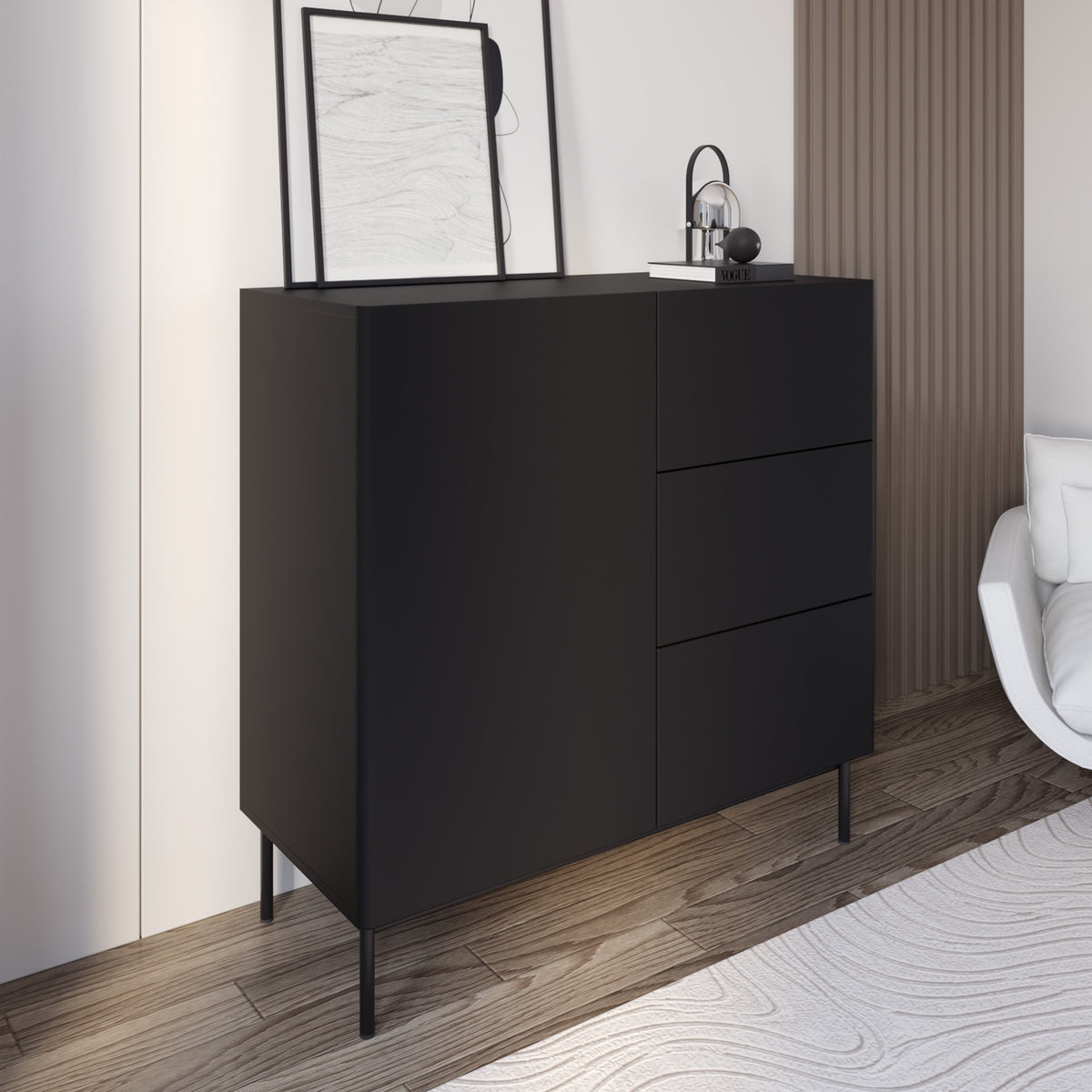 Commode 1 porte Olio avec trois tiroirs 100 cm noire