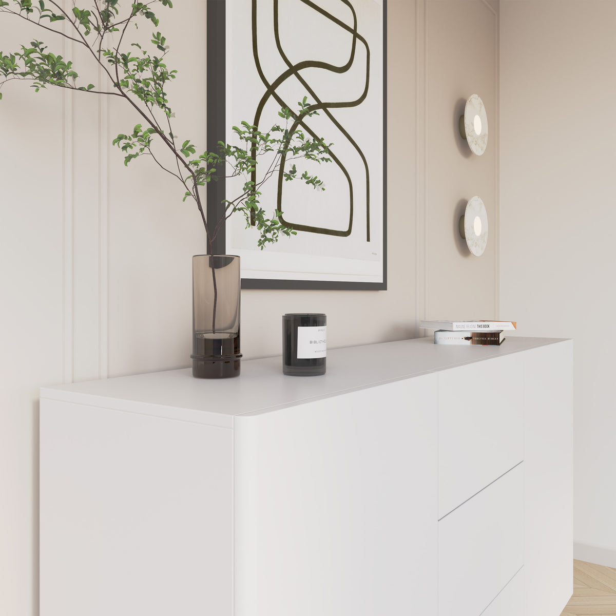 Zweiturige Kommode Olio mit drei Schubladen, 160 cm, weiß
