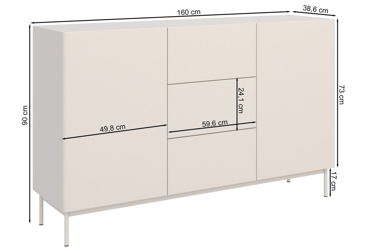 Zweiturige Kommode Olio mit drei Schubladen, 160 cm, weiß