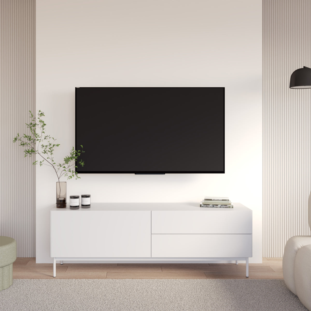 Meuble TV Olio avec abattant et deux tiroirs 160 cm blanc