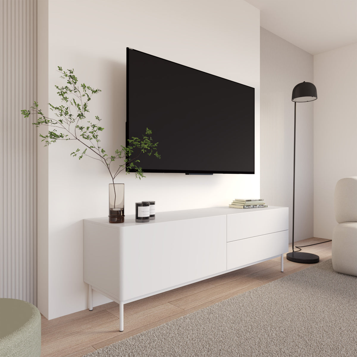 Meuble TV Olio avec abattant et deux tiroirs 160 cm blanc