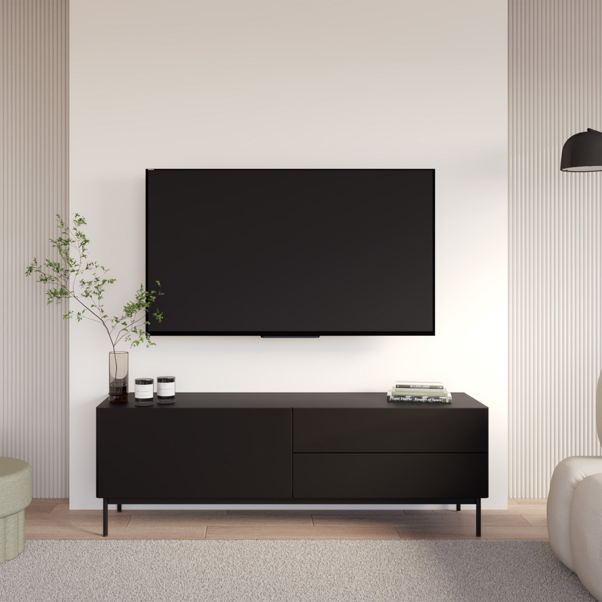 Meuble TV Olio avec abattant et deux tiroirs 160 cm noir