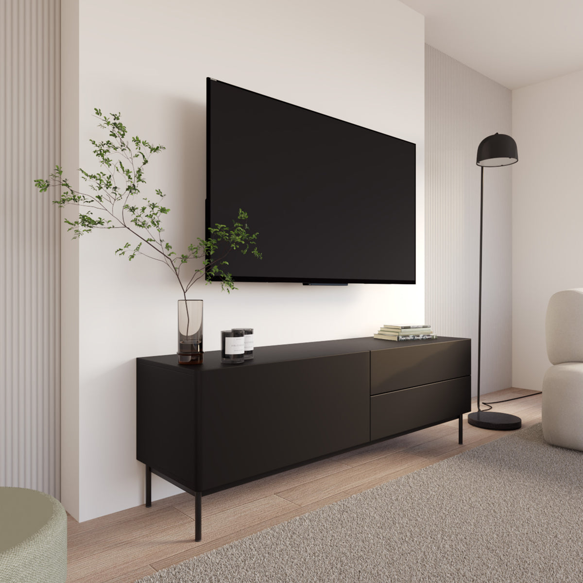 TV-Schrank Olio mit Klappe und zwei Schubladen, 160 cm, schwarz