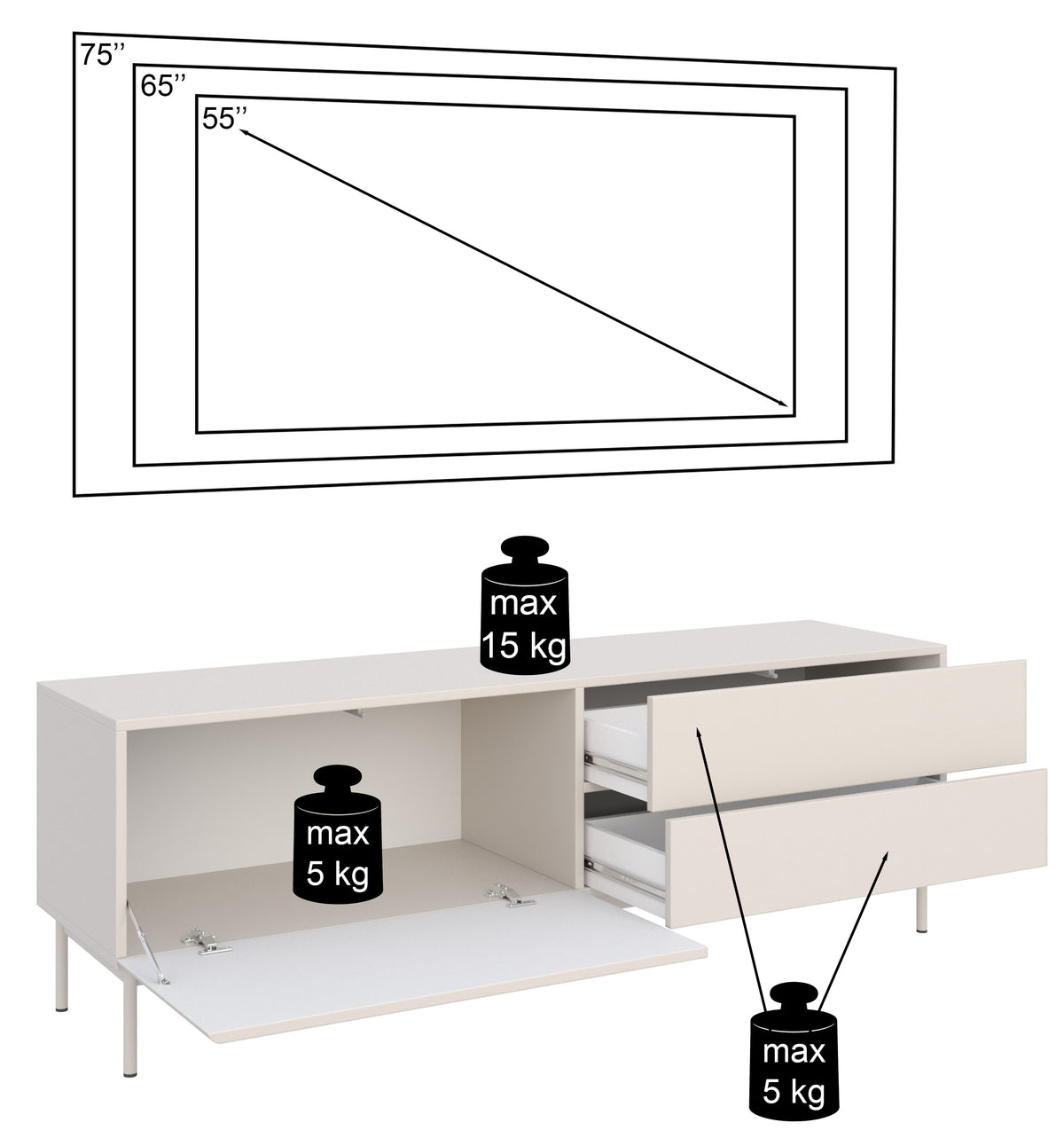 TV-Schrank Olio mit Klappe und zwei Schubladen, 160 cm, schwarz