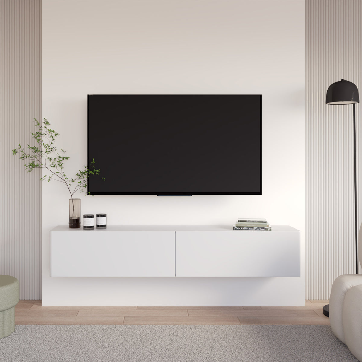 Meuble TV Olio suspendu 175 cm blanc avec deux portes abattantes