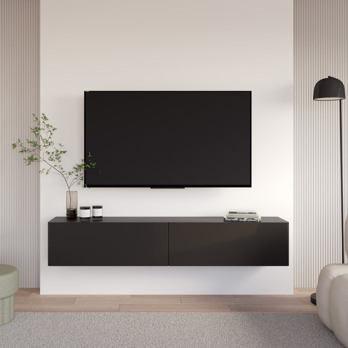 Meuble TV Olio suspendu 175 cm noir avec deux volets