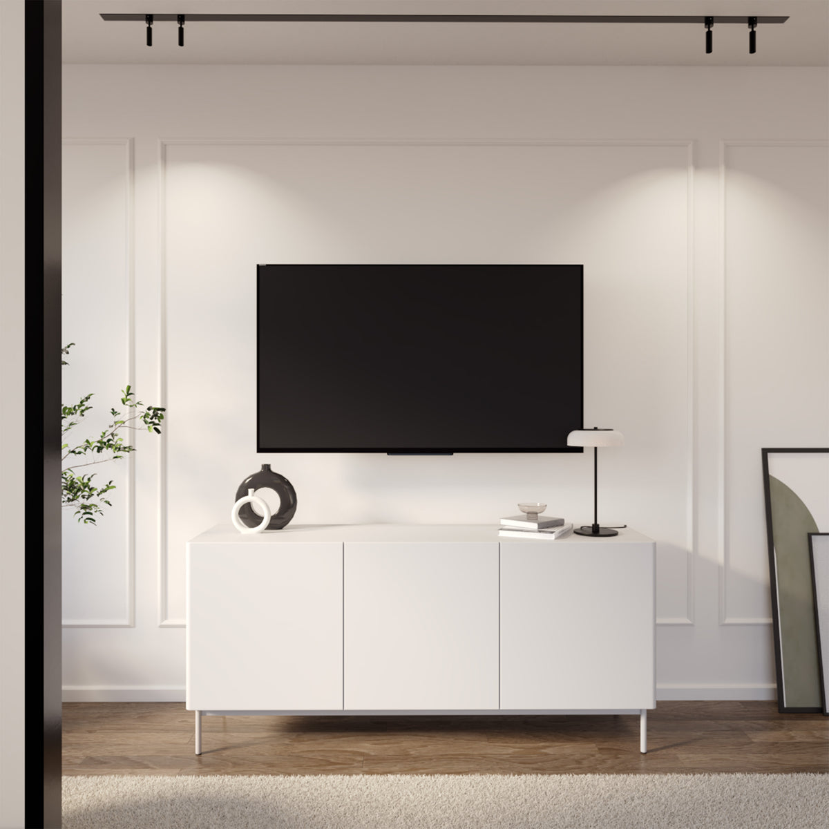 Meuble TV haut Olio 3 portes, 160 cm, blanc