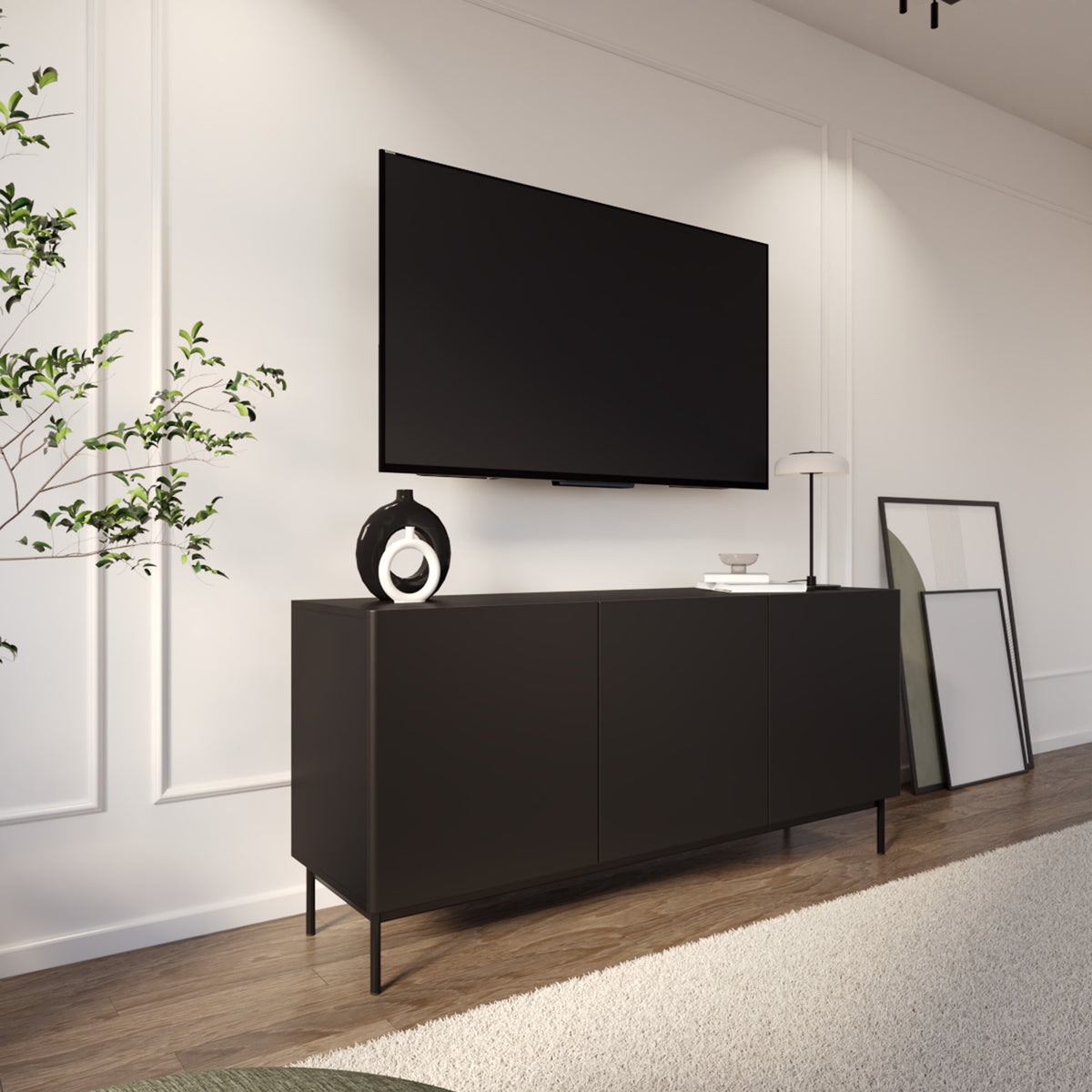 Meuble TV trois portes Olio haut 160 cm noir