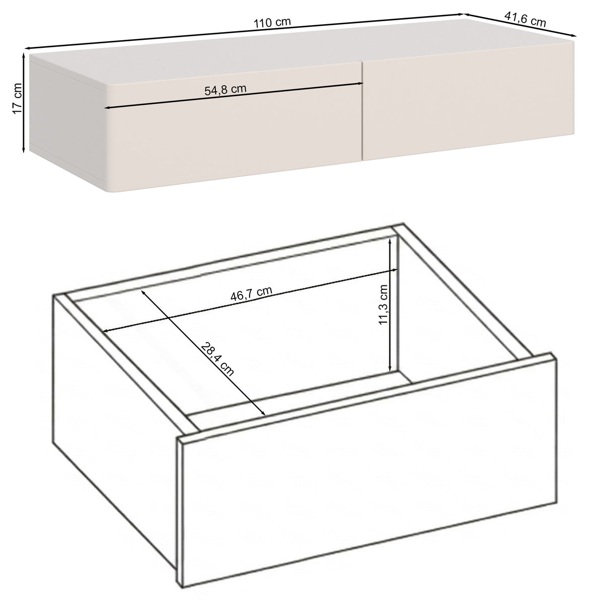 Hängender Schminktisch Olio mit zwei Schubladen, 110 cm, weiß