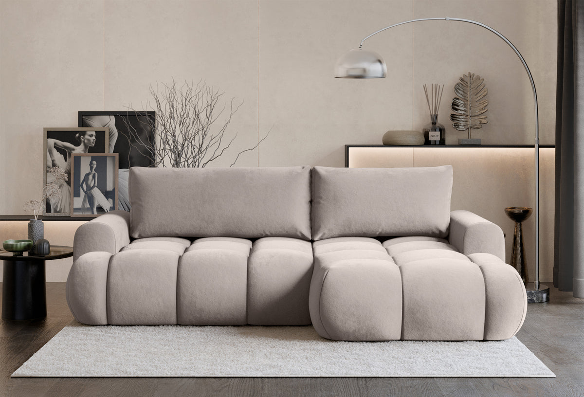 Canapé d'angle Ombo Mini en L droit avec fonction couchage et coffre de rangement, velours hydrofuge gris-beige