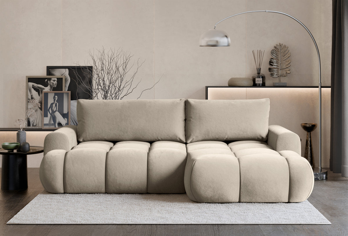 Canapé d'angle Ombo Mini en L, côté droit, avec fonction couchage et coffre de rangement, velours hydrofuge beige