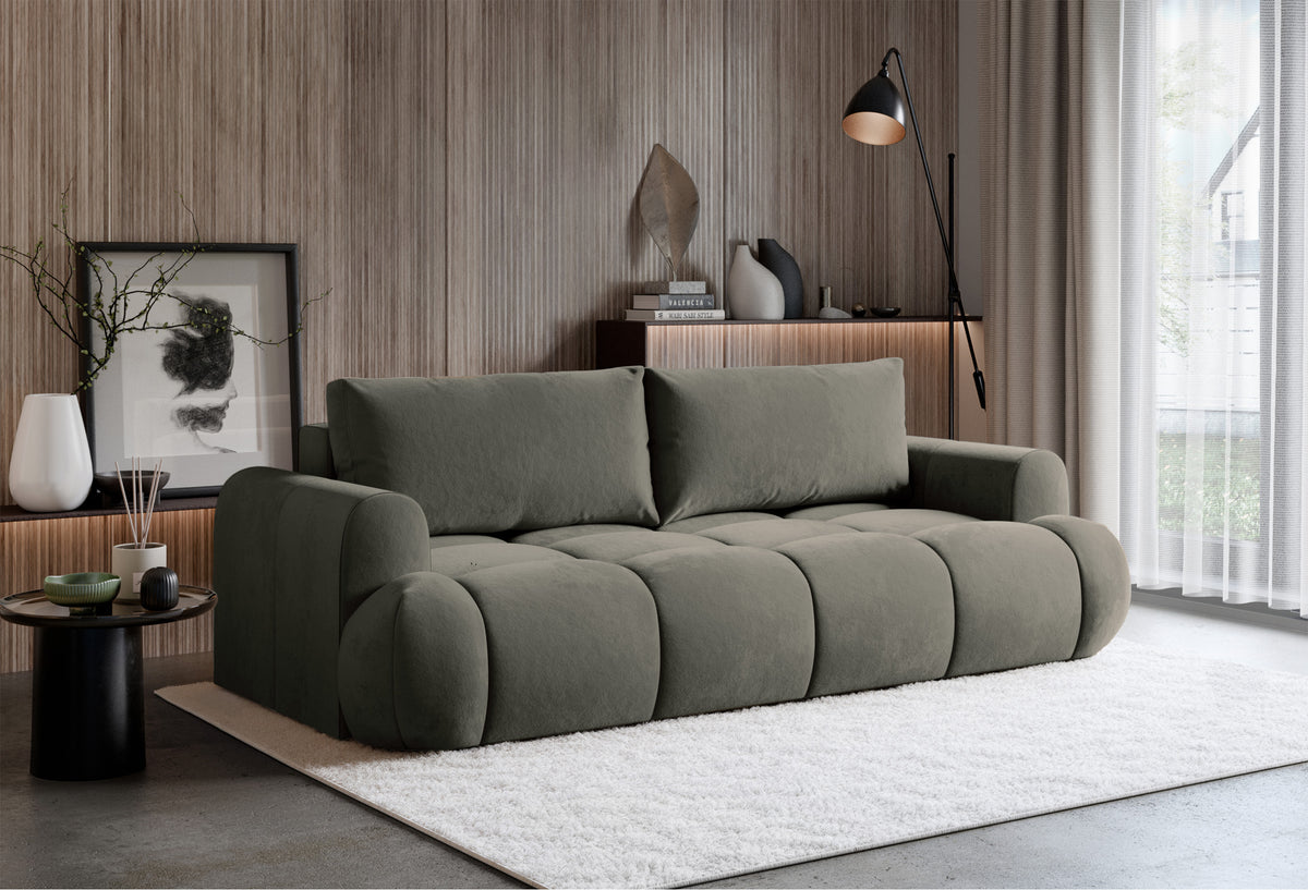 Canapé convertible 3 places Ombo Doce avec rangement, velours hydrofuge beige foncé