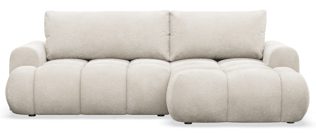 Canapé d'angle avec fonction couchage Ombo Mini en L, droit, avec coffre de rangement, velours crème
