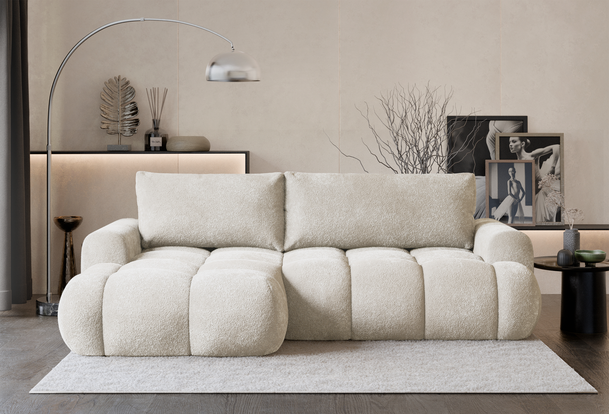 Ecksofa mit Schlaffunktion Ombo Mini, L-förmig, linksseitig, mit Stauraum, cremefarbenes Bouclé