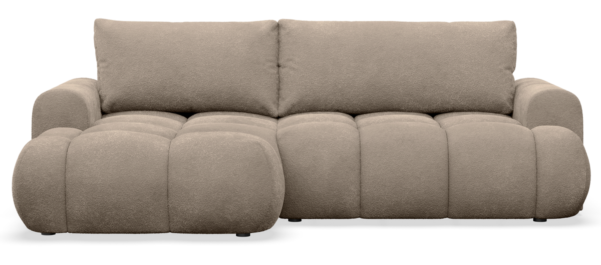 Canapé d'angle avec fonction couchage Ombo Mini en L, côté gauche, avec coffre de rangement, velours beige foncé