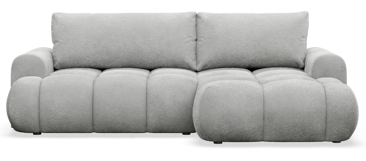 Canapé d'angle avec fonction couchage Ombo Mini en L, orientation droite, avec coffre de rangement, velours gris clair