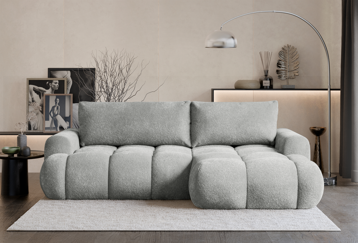 Canapé d'angle avec fonction couchage Ombo Mini en L, orientation droite, avec coffre de rangement, velours gris clair