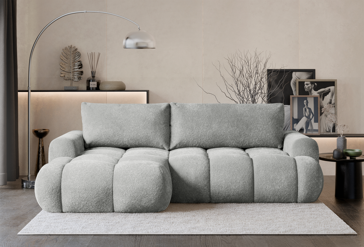 Canapé d'angle avec fonction couchage Ombo Mini en L, côté gauche, avec rangement, velours gris clair