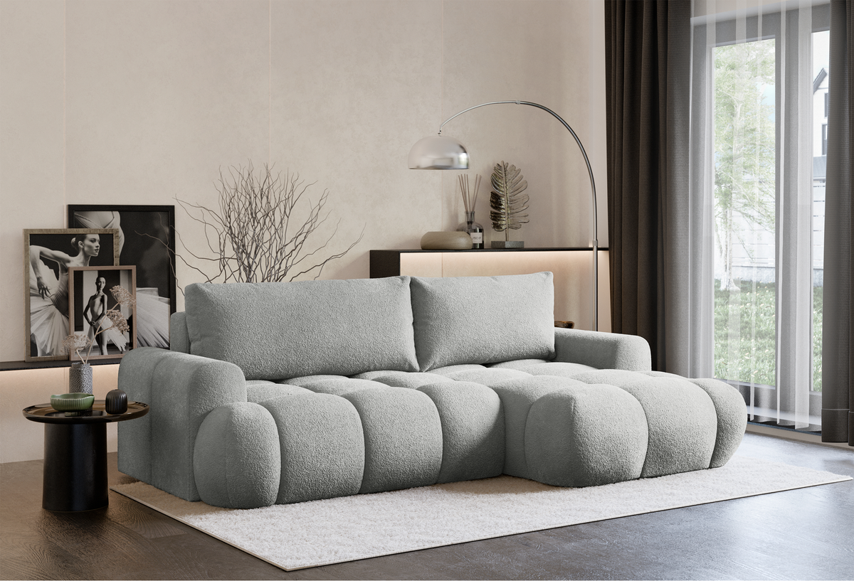 Canapé d'angle avec fonction couchage Ombo Mini en L, orientation droite, avec coffre de rangement, velours gris clair
