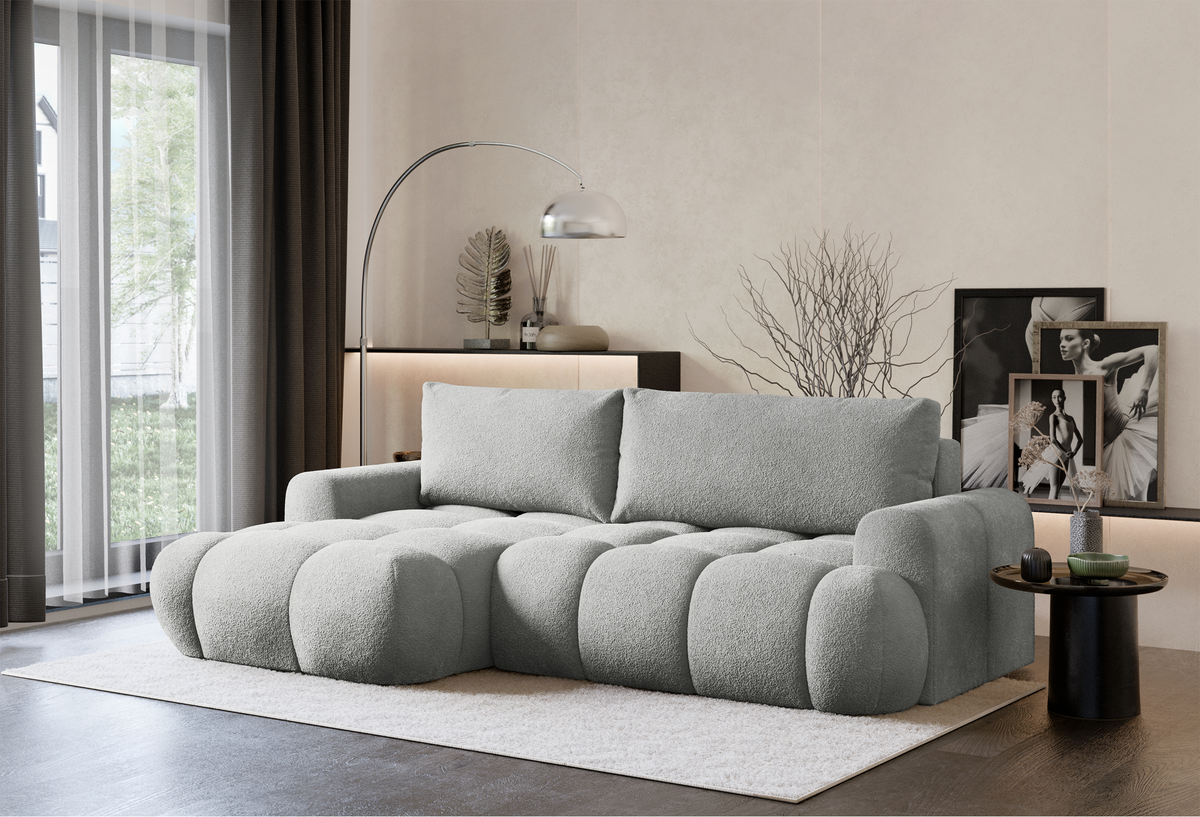 Canapé d'angle avec fonction couchage Ombo Mini en L, côté gauche, avec rangement, velours gris clair