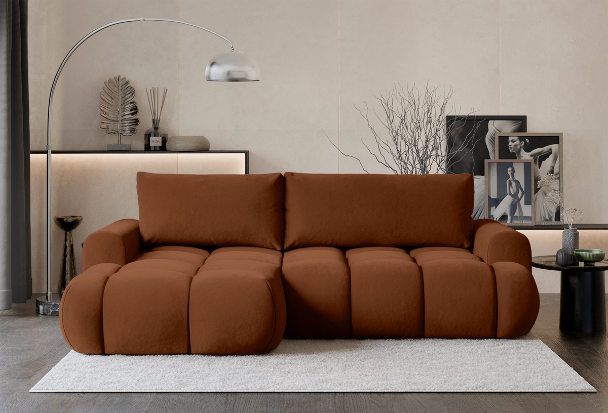 Canapé d'angle convertible Ombo Mini en L, côté gauche, avec coffre de rangement, velours hydrofuge cuivre