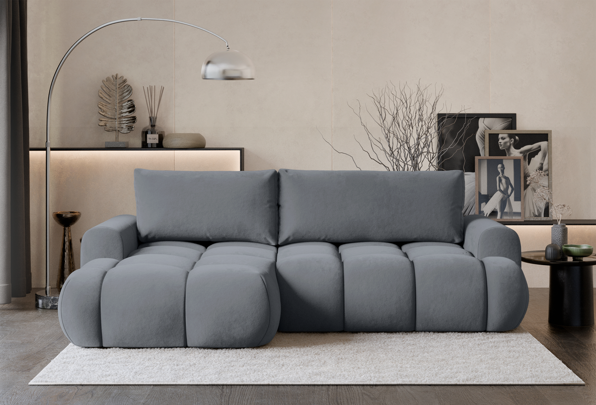 Canapé d'angle Ombo Mini en L gauche avec fonction couchage et coffre, velours hydrofuge gris
