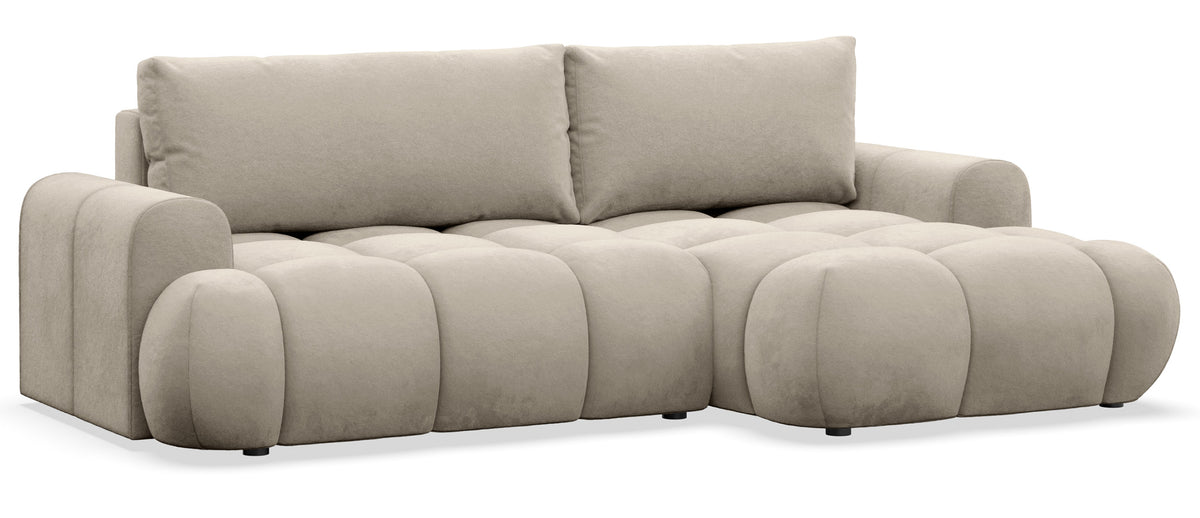 Canapé d'angle Ombo Mini en L, côté droit, avec fonction couchage et coffre de rangement, velours hydrofuge beige