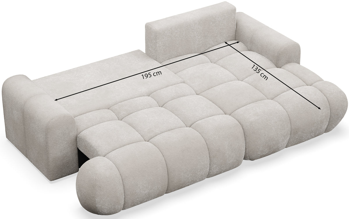 Canapé d'angle Ombo Mini en L, côté droit, avec fonction couchage et coffre de rangement, velours hydrofuge beige